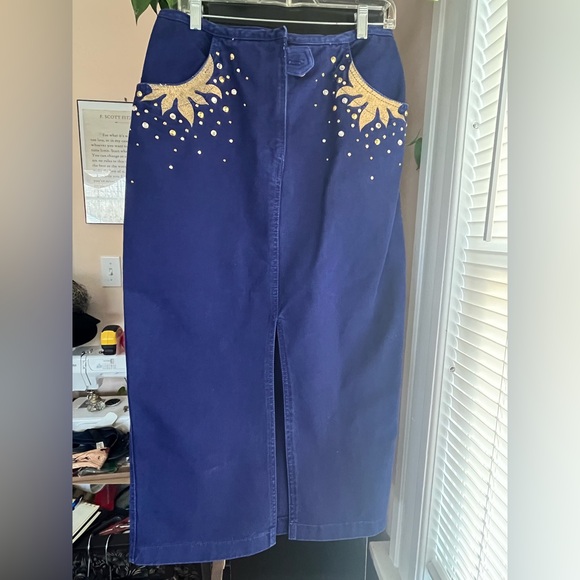 Dresses & Skirts - Monique Jeans Blue and Gold Embellished Women's Pencil Skirt